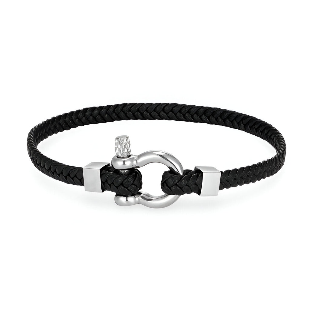 Bracelet homme noir en cuir tressé avec mousqueton en acier inoxydable argenté.