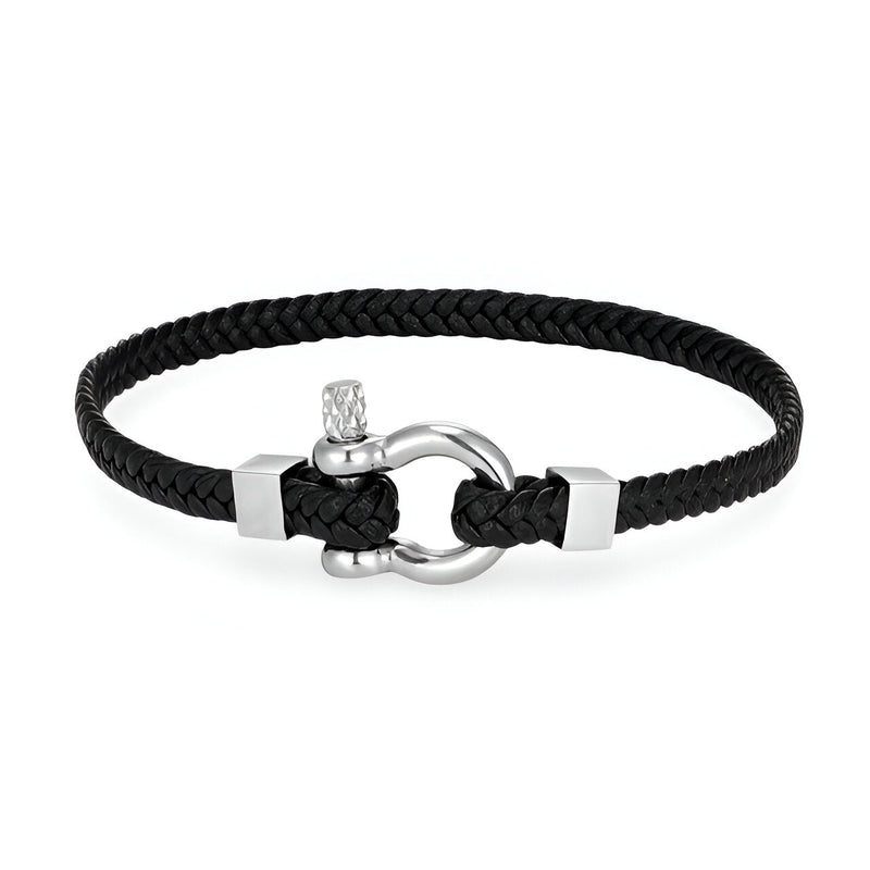 Bracelet homme noir en cuir tressé avec mousqueton en acier inoxydable argenté.
