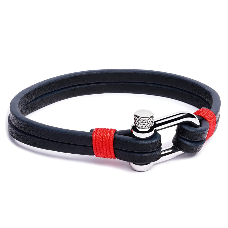 Bracelet homme en cuir noir avec détails rouges et fermoir mousqueton en acier inoxydable.