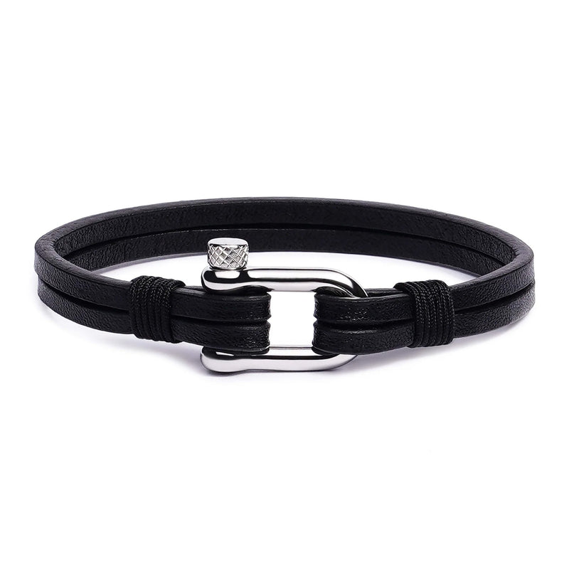 Bracelet homme en cuir noir avec mousqueton en acier inoxydable argenté, style épuré.