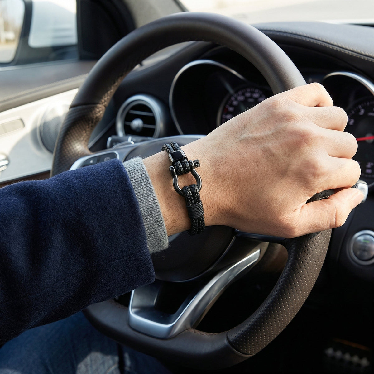Pulsera de cordón trenzado de doble vuelta, cierre de grillete en acero inoxidable, para hombre, modelo Jerry