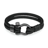 Bracelet homme noir en cuir tressé avec fermoir mousqueton en acier inoxydable noir mat.