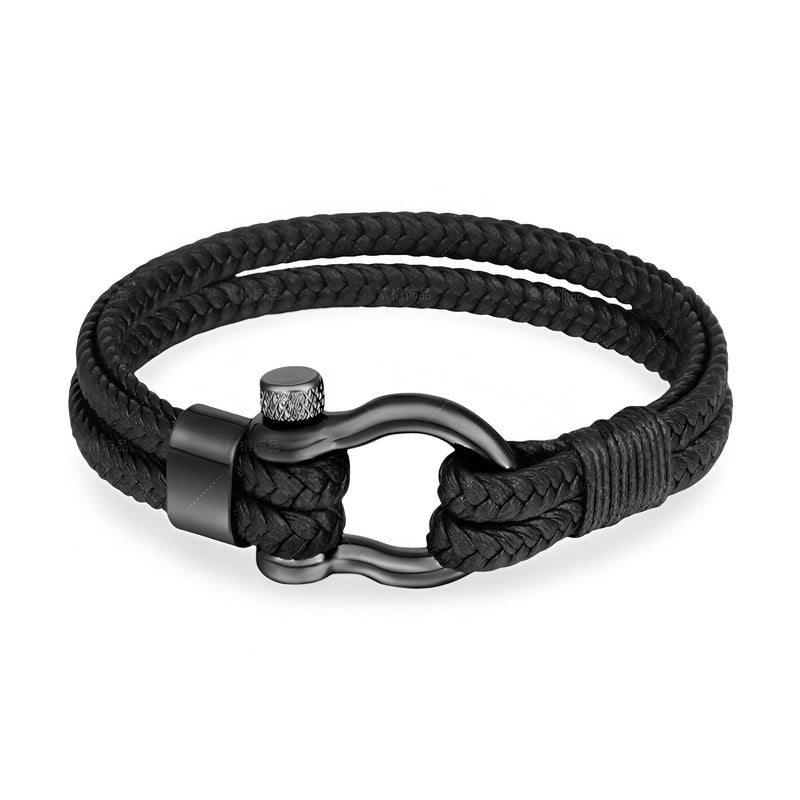 Bracelet homme noir en cuir tressé avec fermoir mousqueton en acier inoxydable noir mat.