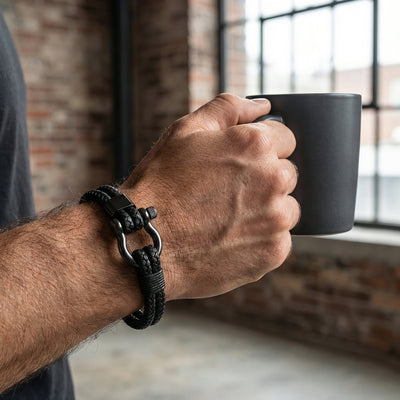 Pulsera de cordón trenzado de doble vuelta, cierre de grillete en acero inoxidable, para hombre, modelo Jerry