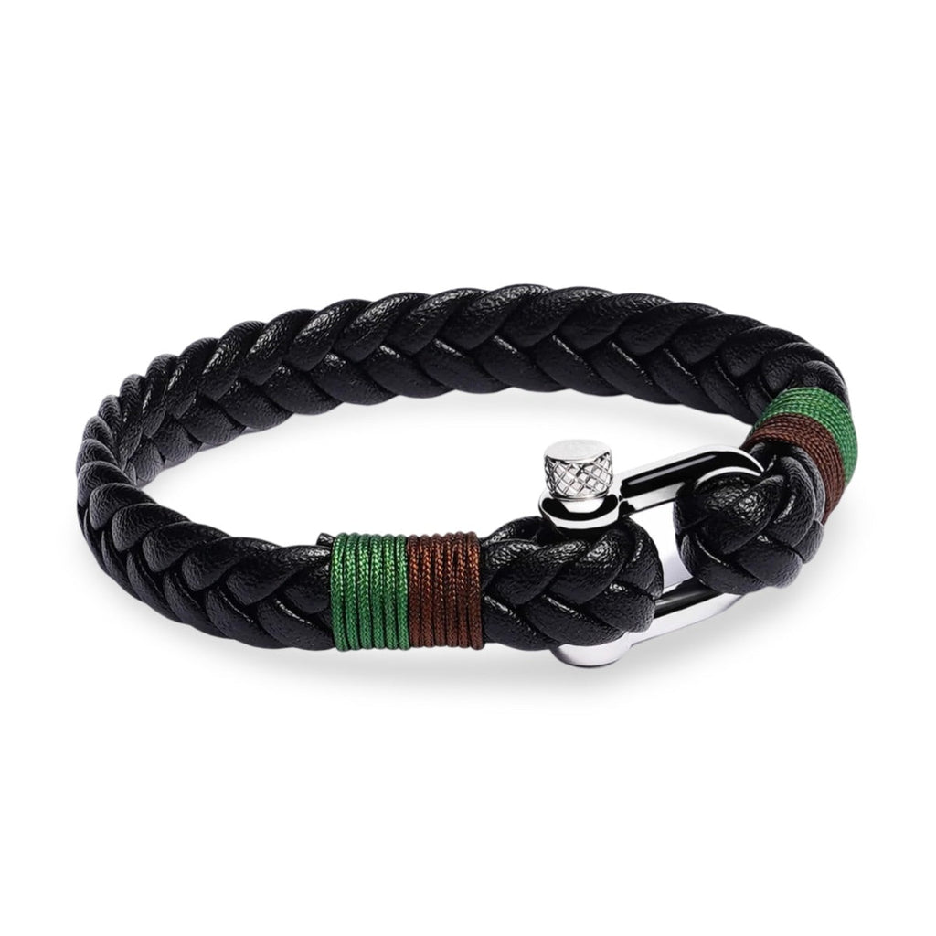 Bracelet homme en cuir noir tressé avec détails vert et marron, fermoir mousqueton acier inoxydable.