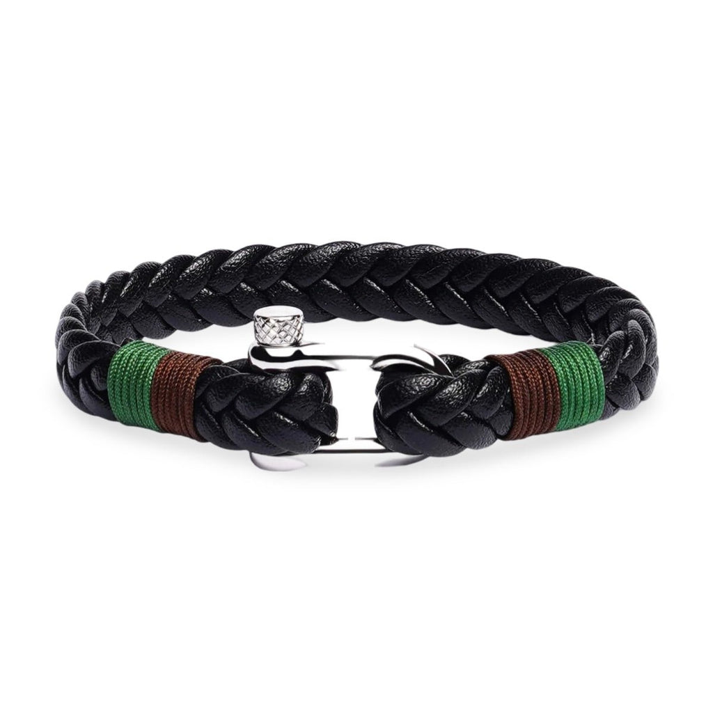 Bracelet homme en cuir noir tressé avec détail vert, marron et fermoir mousqueton en acier inoxydable.