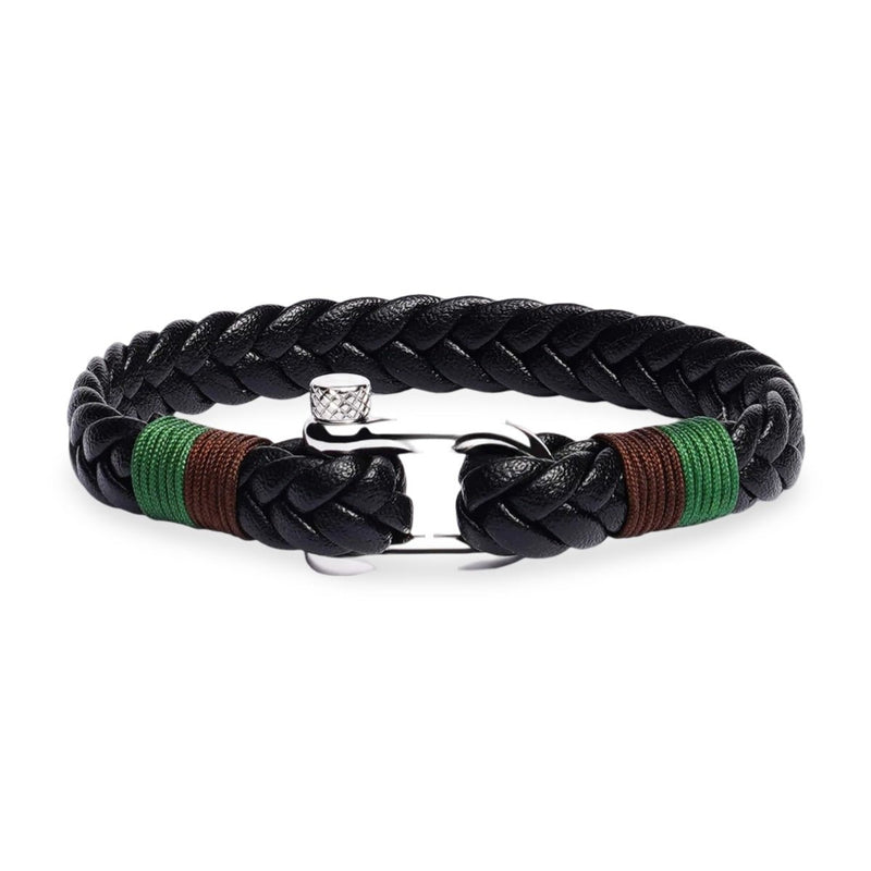 Bracelet homme en cuir noir tressé avec détail vert, marron et fermoir mousqueton en acier inoxydable.