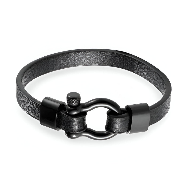 Bracelet homme noir en cuir avec mousqueton acier inoxydable noir mat.