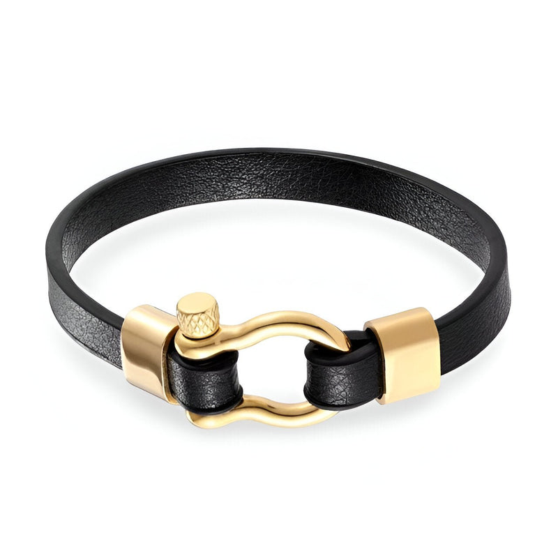 Bracelet homme cuir noir avec fermoir mousqueton en acier inox doré élégant.