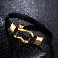 Bracelet homme en cuir noir avec mousqueton en acier inoxydable doré, modèle Welon.
