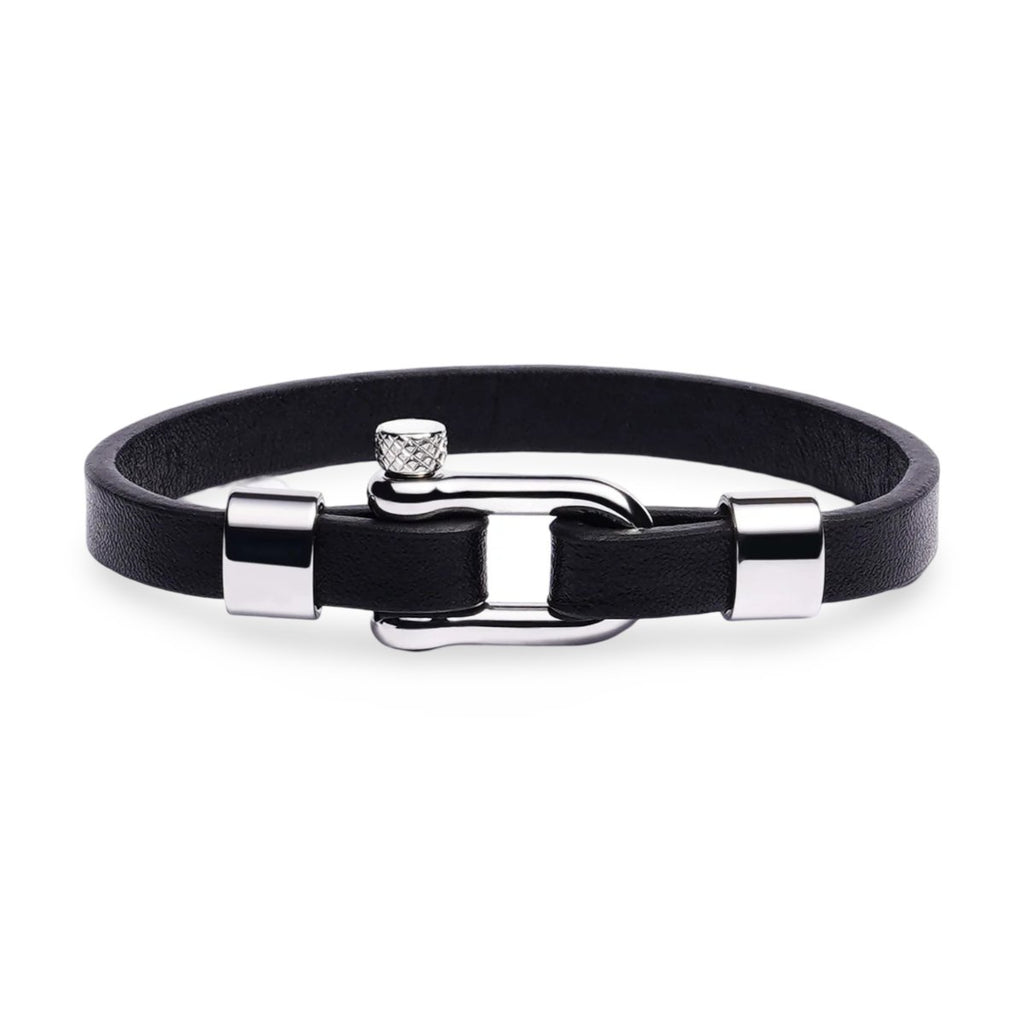 Bracelet homme noir en cuir microfibre avec mousqueton en acier inoxydable, modèle Yari.