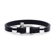 Bracelet homme noir en cuir microfibre avec mousqueton en acier inoxydable, modèle Yari.