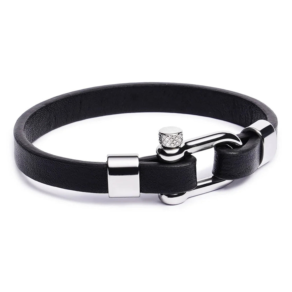 Bracelet homme noir en cuir microfibre avec fermoir mousqueton en acier inoxydable brillant.
