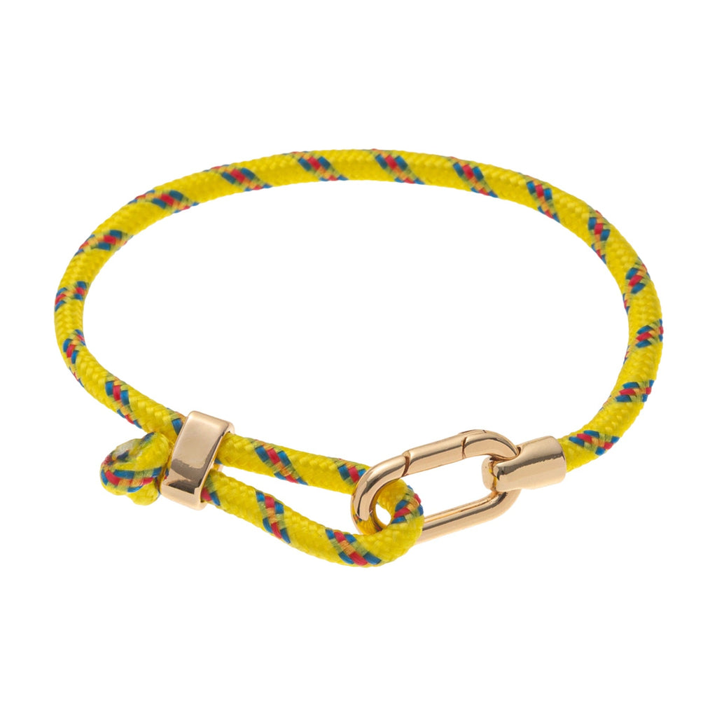 Bracelet jaune en nylon tressé avec mousqueton en acier inoxydable doré, style ajustable.