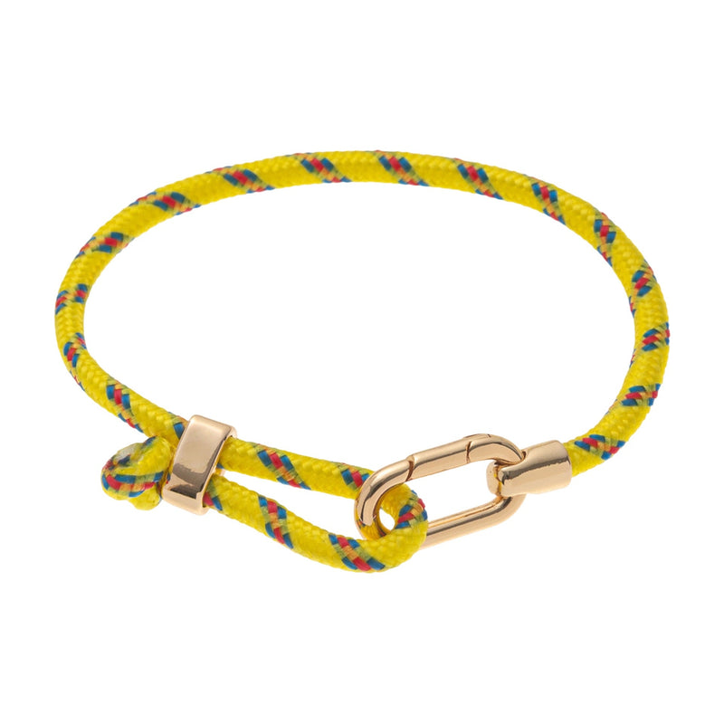 Bracelet jaune en nylon tressé avec mousqueton en acier inoxydable doré, style ajustable.