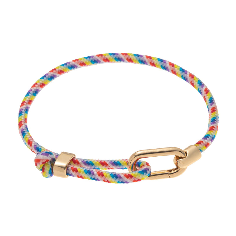 Bracelet ajustable en nylon multicolore avec mousqueton et acier inoxydable doré.