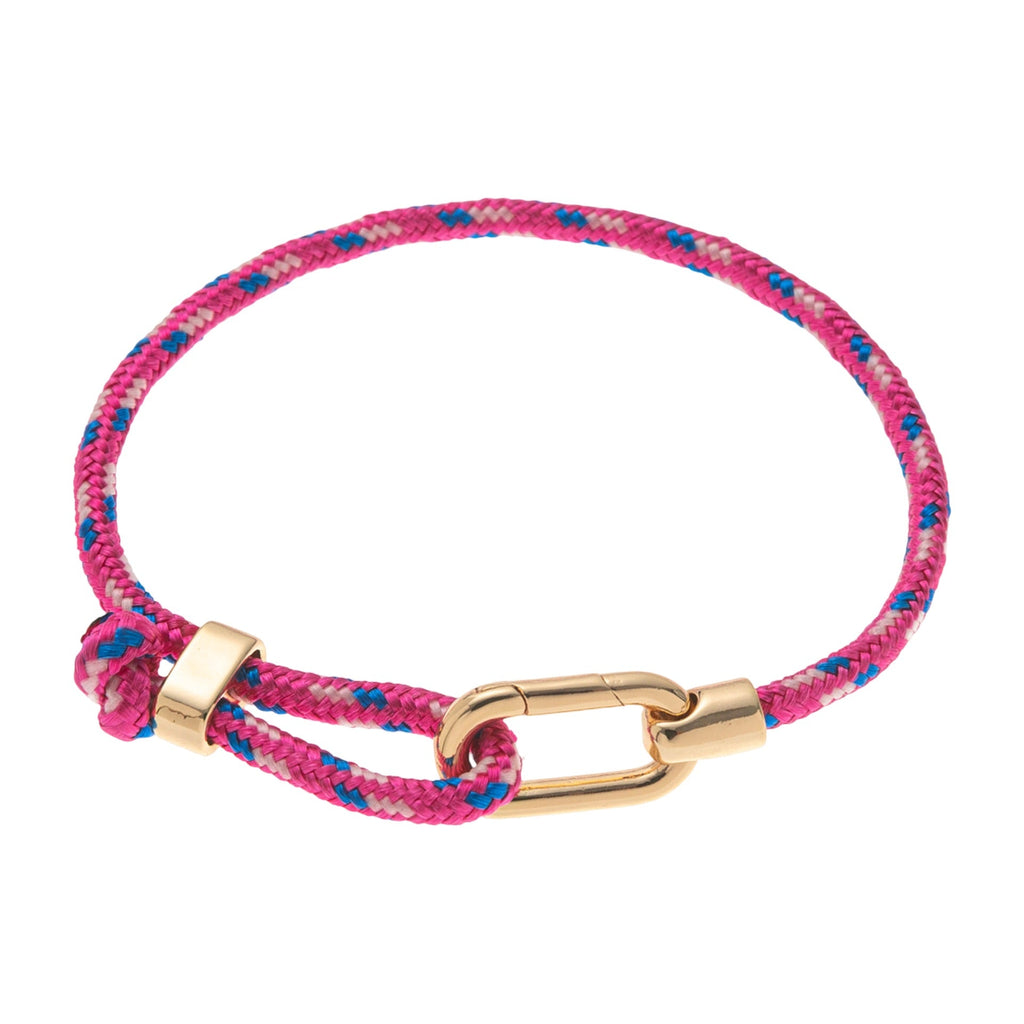 Bracelet ajustable en nylon rose et bleu avec mousqueton en acier inoxydable doré.