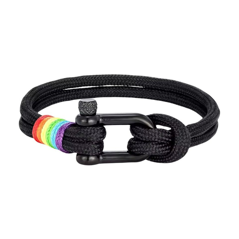Bracelet mousqueton noir en nylon avec fil ciré arc-en-ciel et acier inoxydable, modèle Laty, 19 cm.