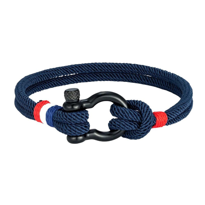 Bracelet homme bleu marine en fil ciré avec mousqueton en acier noir et détails rouge et blanc.