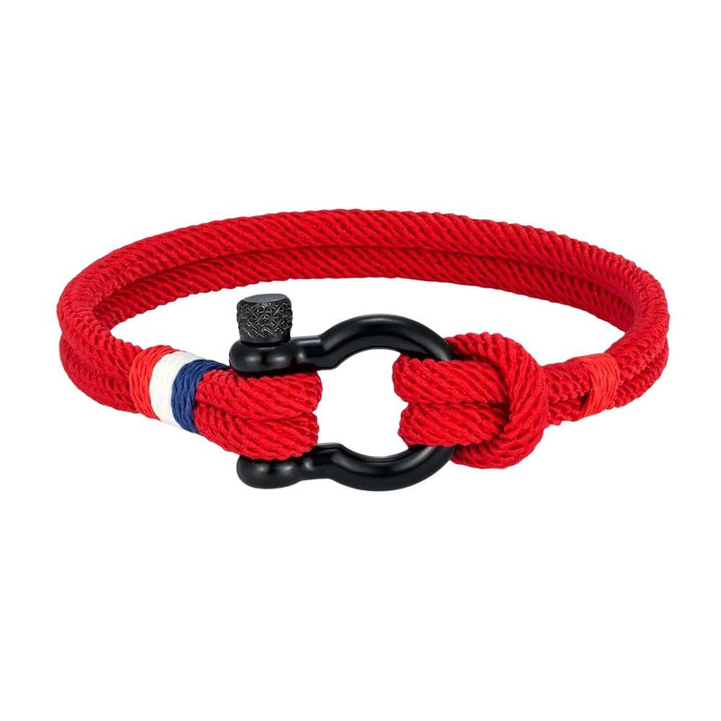 Bracelet homme en nylon rouge avec fil ciré bleu et blanc, fermoir mousqueton noir en acier inoxydable.