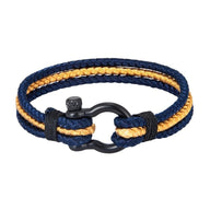 Bracelet triple cordon en nylon bleu marine et jaune avec mousqueton en acier noir.