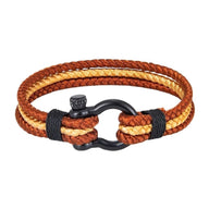 Bracelet triple cordon en nylon marron et jaune avec mousqueton en acier inoxydable noir mat.