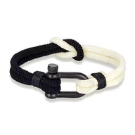 Bracelet homme en nylon noir et blanc avec fermoir manille en acier inoxydable noir mat.