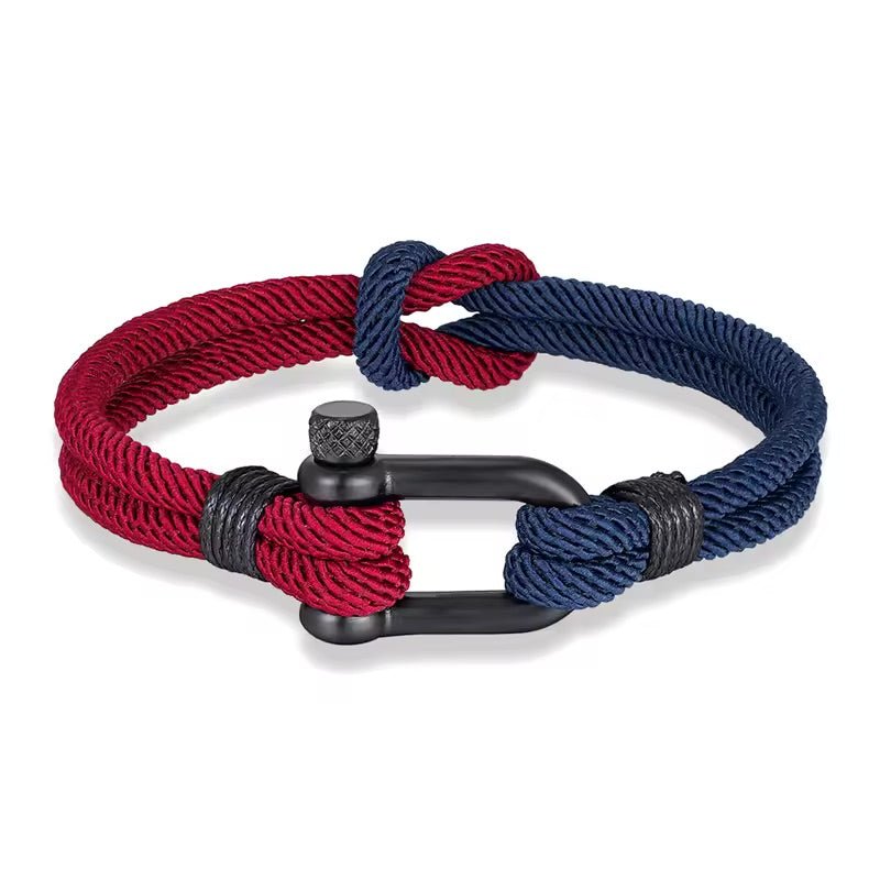 Bracelet homme en nylon bordeaux et bleu marine avec fermoir mousqueton acier noir mat.