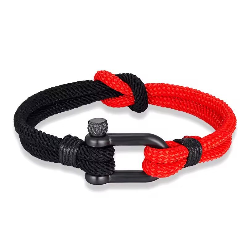 Bracelet homme en nylon noir et rouge à nœud avec fermoir mousqueton en acier inoxydable noir mat.