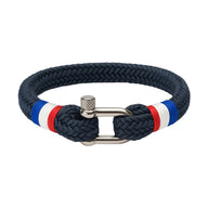 Bracelet marine en coton tressé avec mousqueton acier inox et détails tricolores bleu blanc rouge.