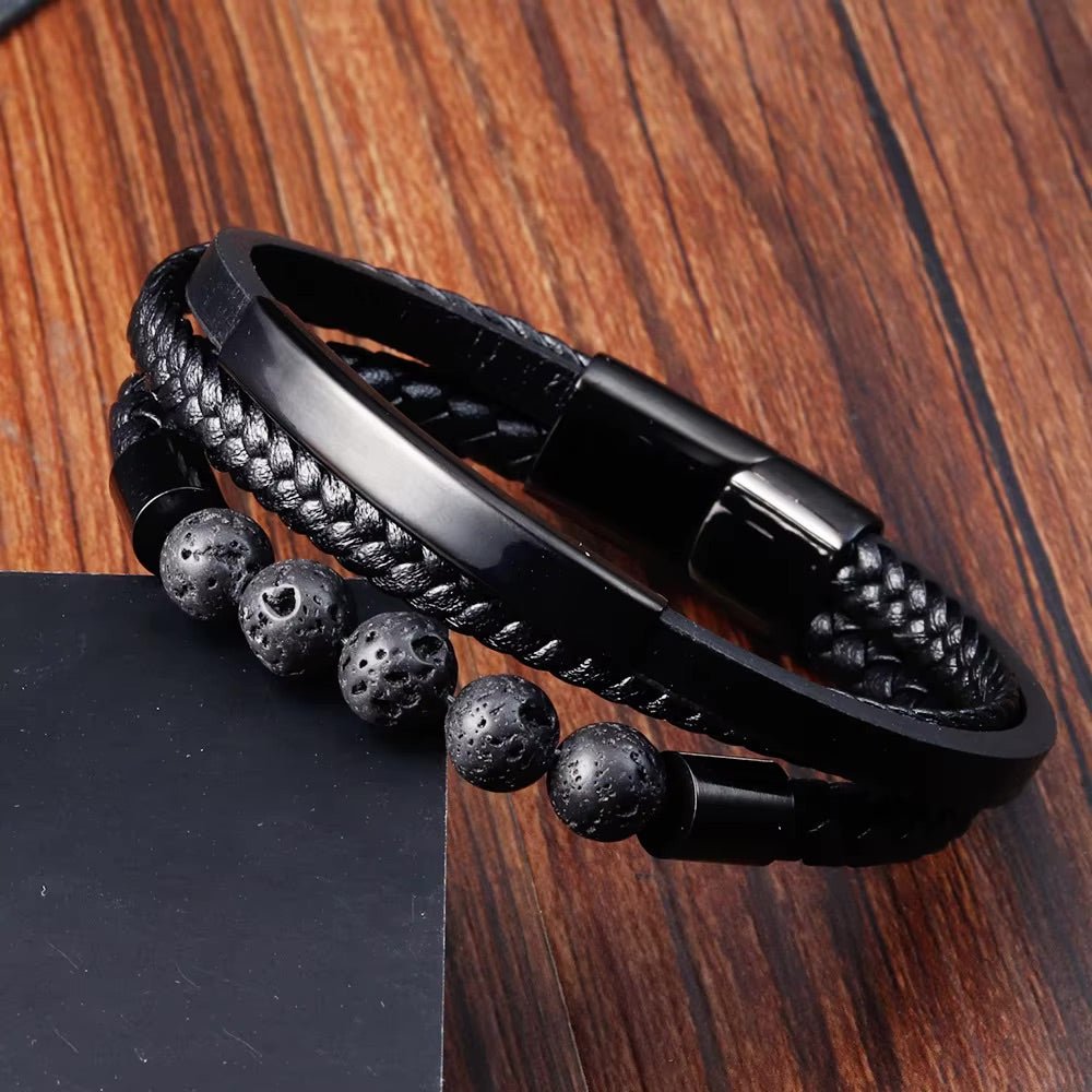 Bracelet multi rang en croûte de cuir noir, pierres volcaniques et acier inoxydable, gravure personnalisée offerte, modèle Roks