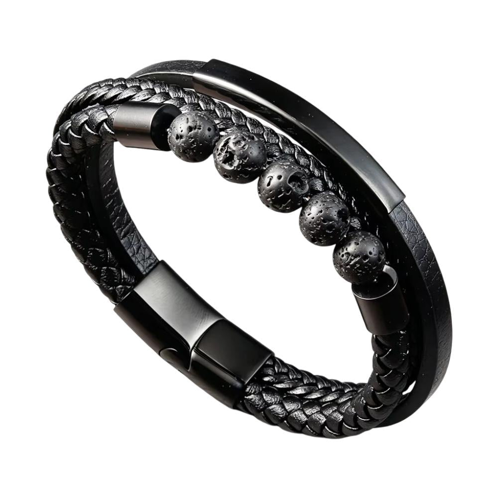 Bracelet multi rang en croûte de cuir noir, pierres volcaniques et acier inoxydable, gravure personnalisée offerte, modèle Roks