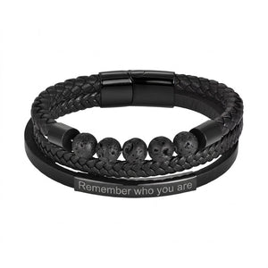 Bracelet multi rang en croûte de cuir noir, pierres volcaniques et acier inoxydable, gravure personnalisée offerte, modèle Roks