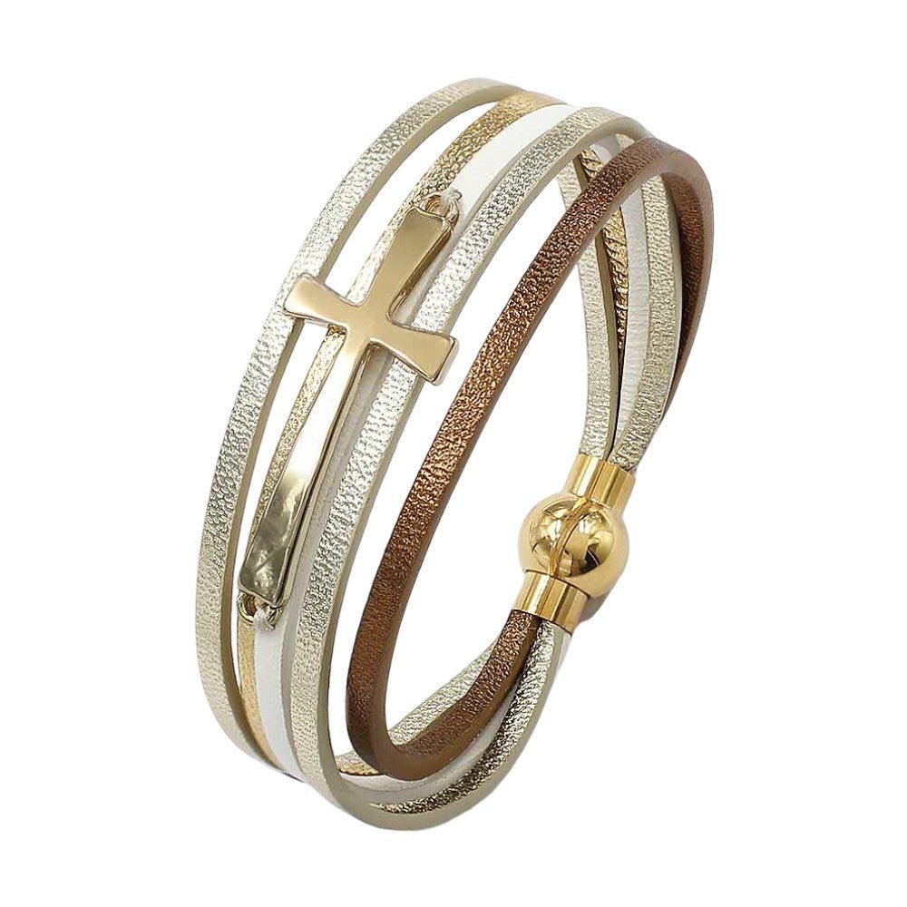 Bracelet multi rang femme croix chrétienne, en cuir, fermoir magnétique doré élégant, modèle Sérénya
