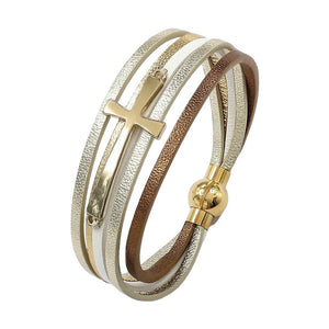 Damen Multi-Layer-Armband mit christlichem Kreuz, aus Leder, eleganter goldfarbener Magnetverschluss, Modell Sérénya