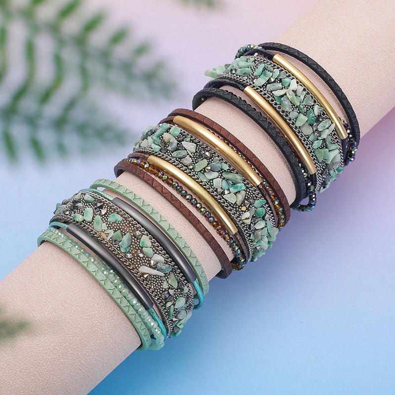 Bracelet multi-rang orné de pierres naturelles, fermoir magnétique, style bohème, pour femme, modèle Bermina