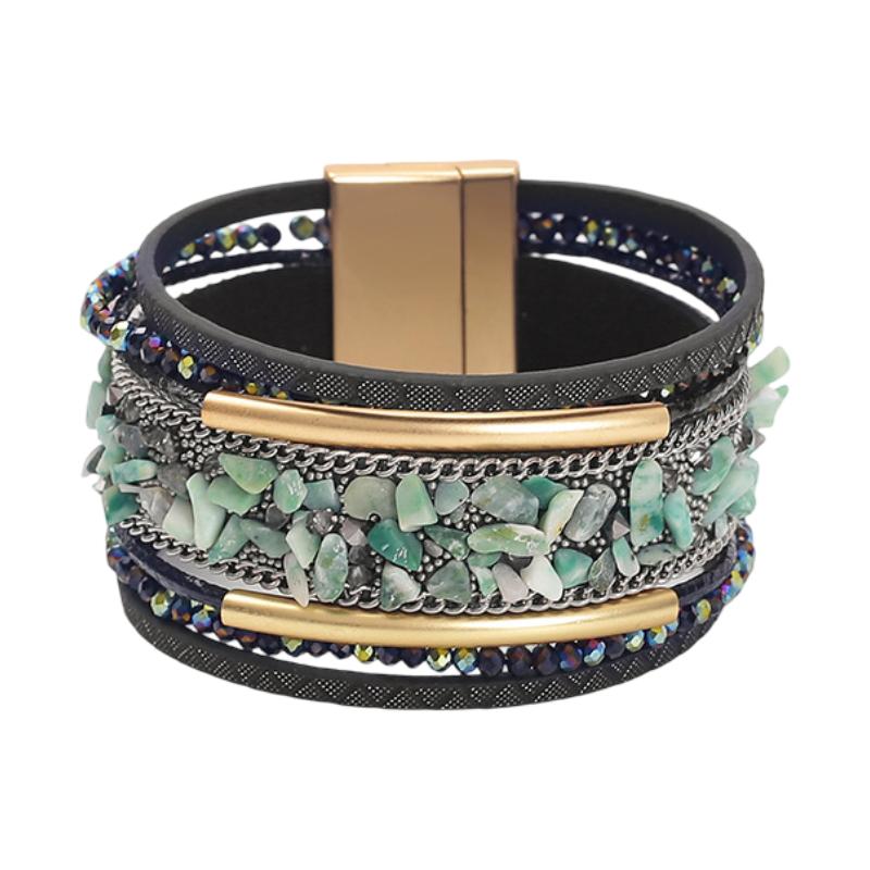 Bracelet multi-rang orné de pierres naturelles, fermoir magnétique, style bohème, pour femme, modèle Bermina