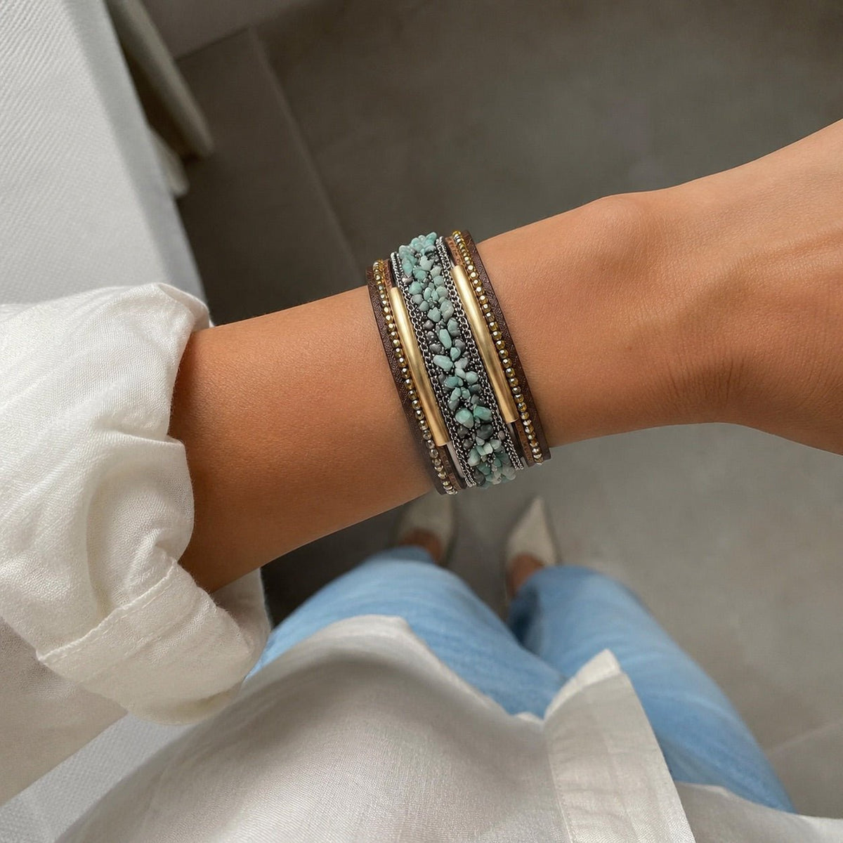 Bracelet multi-rang orné de pierres naturelles, fermoir magnétique, style bohème, pour femme, modèle Bermina