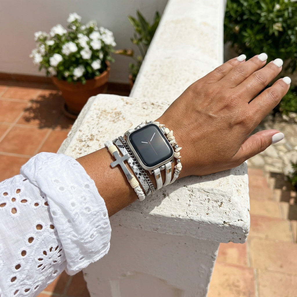 Multi-Layer-Armband für Apple Watch, weißes Leder, weiße Türkisperlen, christliches Kreuz, Edelstahlkette, Verschluss mit abnehmbaren Gliedern, Modell Laytone