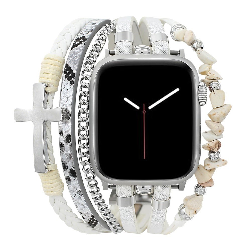 Multi-Layer-Armband für Apple Watch, weißes Leder, weiße Türkisperlen, christliches Kreuz, Edelstahlkette, Verschluss mit abnehmbaren Gliedern, Modell Laytone
