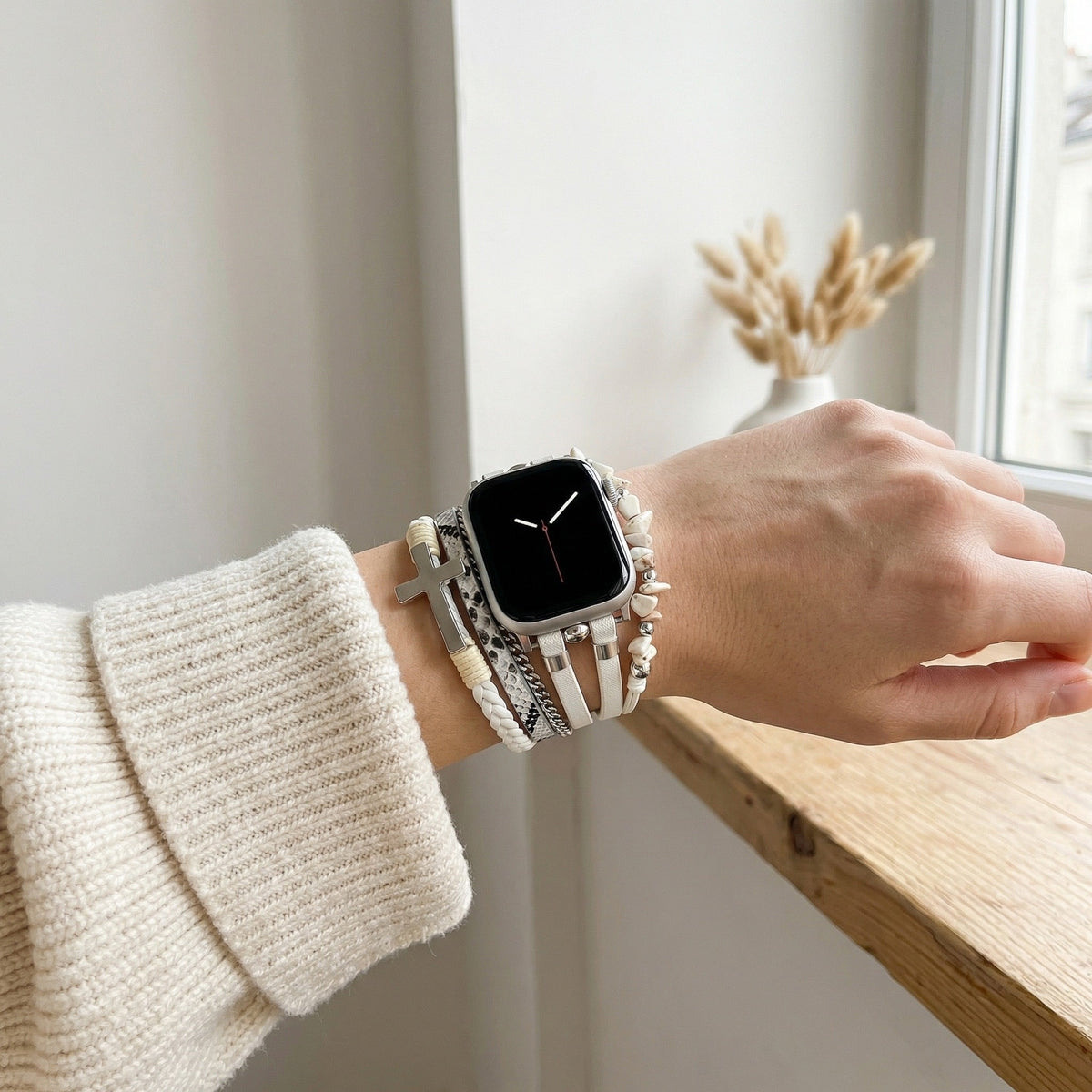 Πολυεπίπεδο βραχιόλι για Apple Watch, δέρμα, χάντρες από φυσικές πέτρες, χριστιανικός σταυρός, αλυσίδα από ανοξείδωτο ατσάλι, κούμπωμα με αφαιρούμενους κρίκους, μοντέλο Laytone