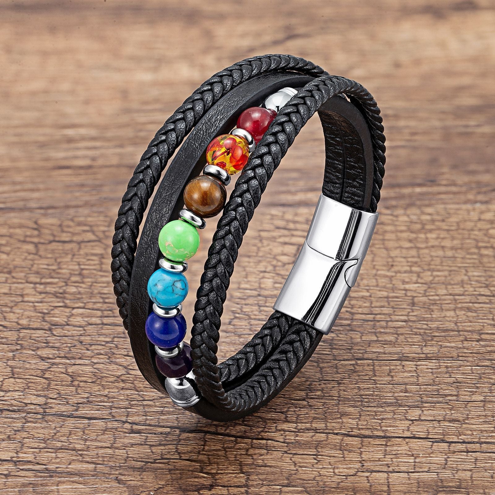 Bracelet multi - rangs aux 7 chakras, en cuir et pierres naturelles, pour homme, modèle Shyu - La Boutique du Bracelet