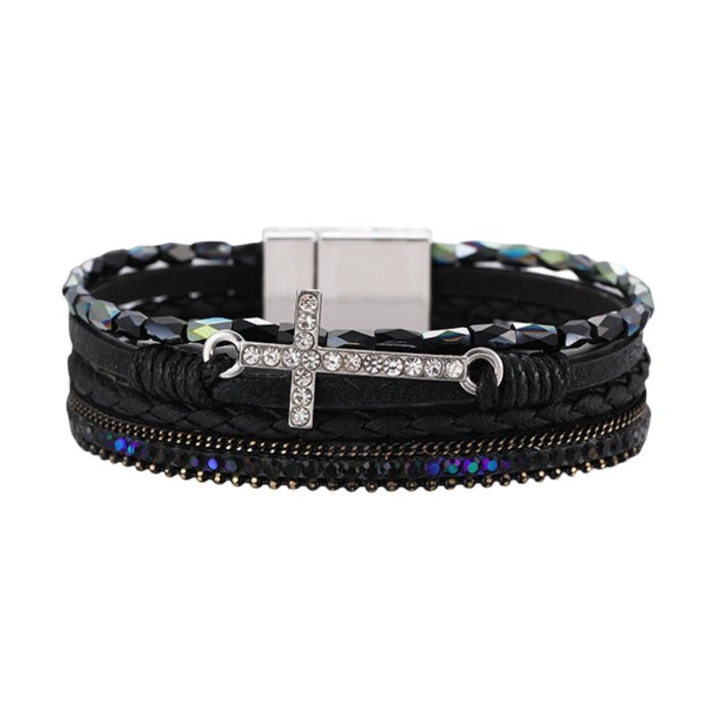 Bracelet multi - rangs, croix chrétienne et strass lumineux, pour femme, modèle Tily - La Boutique du Bracelet