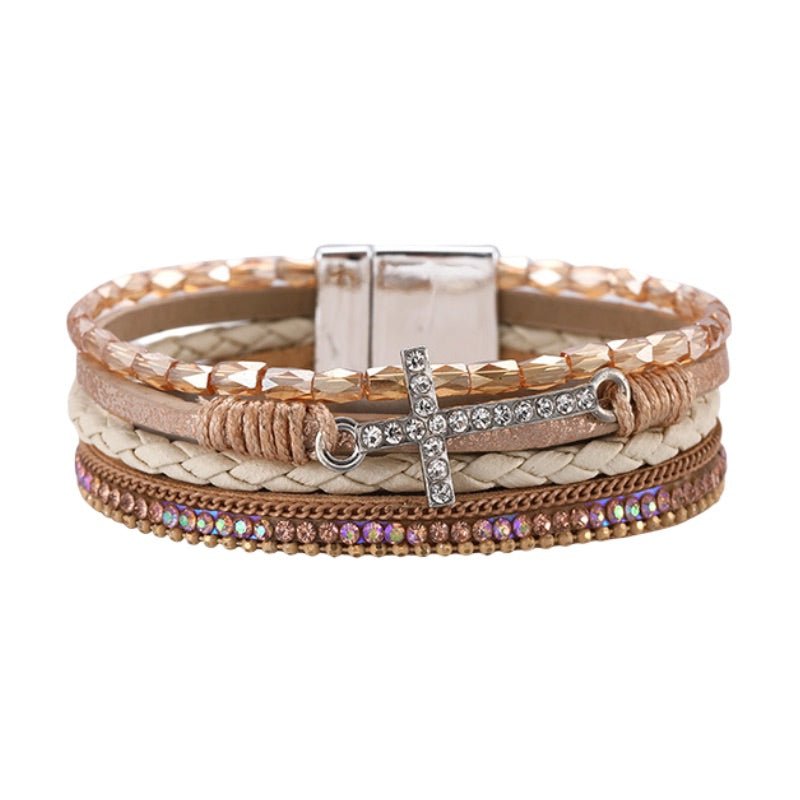 Bracelet multi - rangs, croix chrétienne et strass lumineux, pour femme, modèle Tily - La Boutique du Bracelet