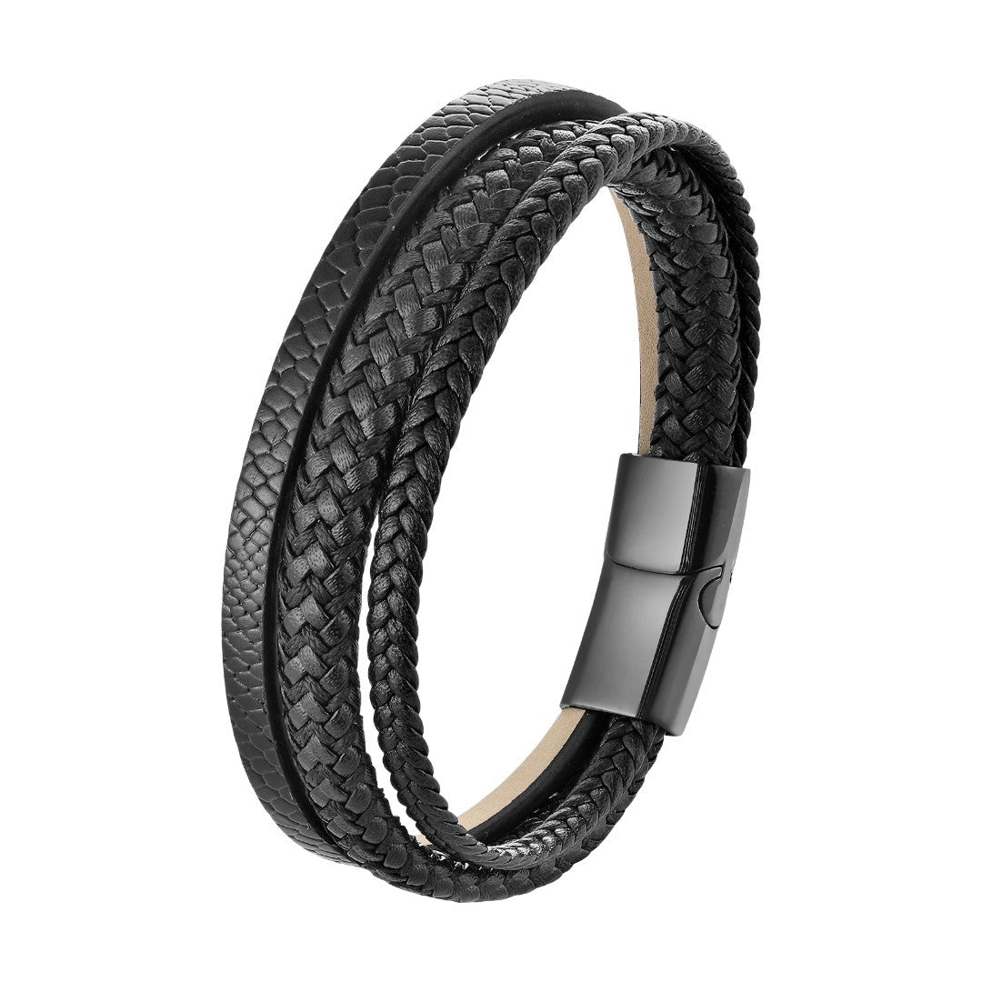 Bracelet multi-rangs tresse et texture aspect serpent, fermoir magnetique, pour homme, modele Jody