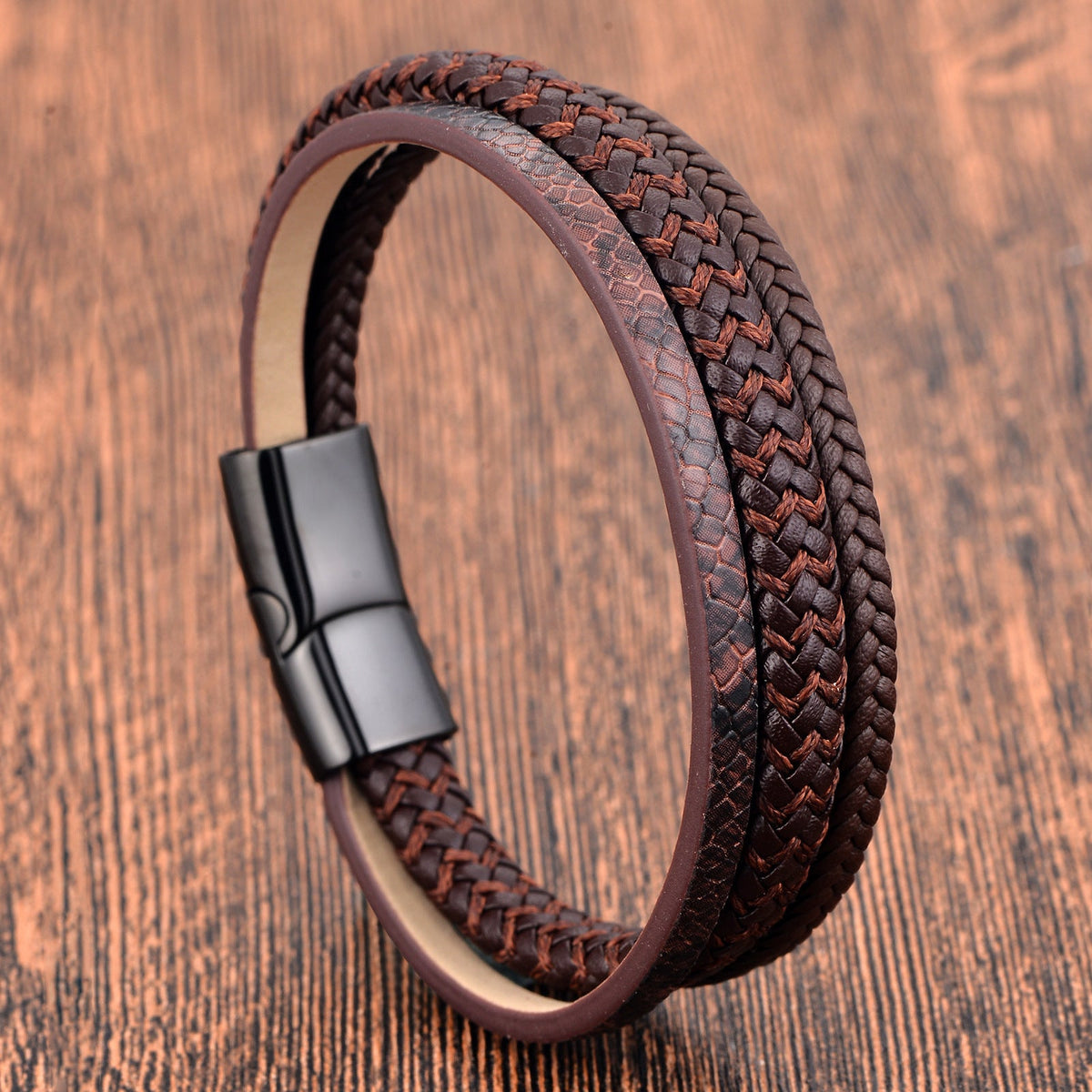 Bracelet multi-rangs tresse et texture aspect serpent, fermoir magnetique, pour homme, modele Jody
