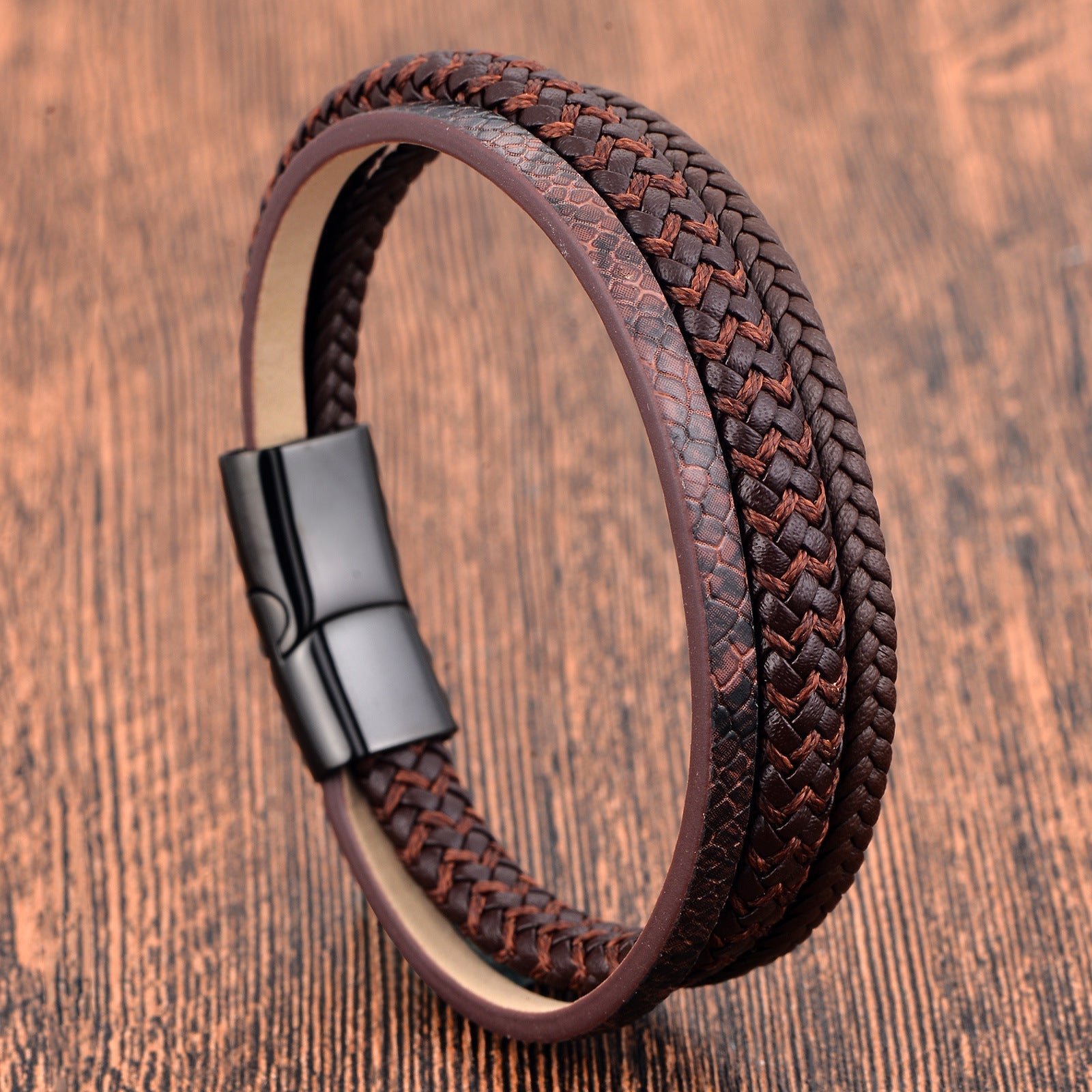 Bracelet multi rangs cuir homme, bracelet tressé et texturé aspect serpent, accessoire masculin tendance, modèle Jody