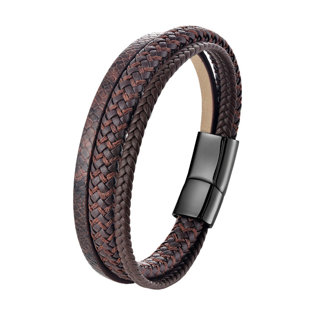 Bracelet multi-rangs tresse et texture aspect serpent, fermoir magnetique, pour homme, modele Jody