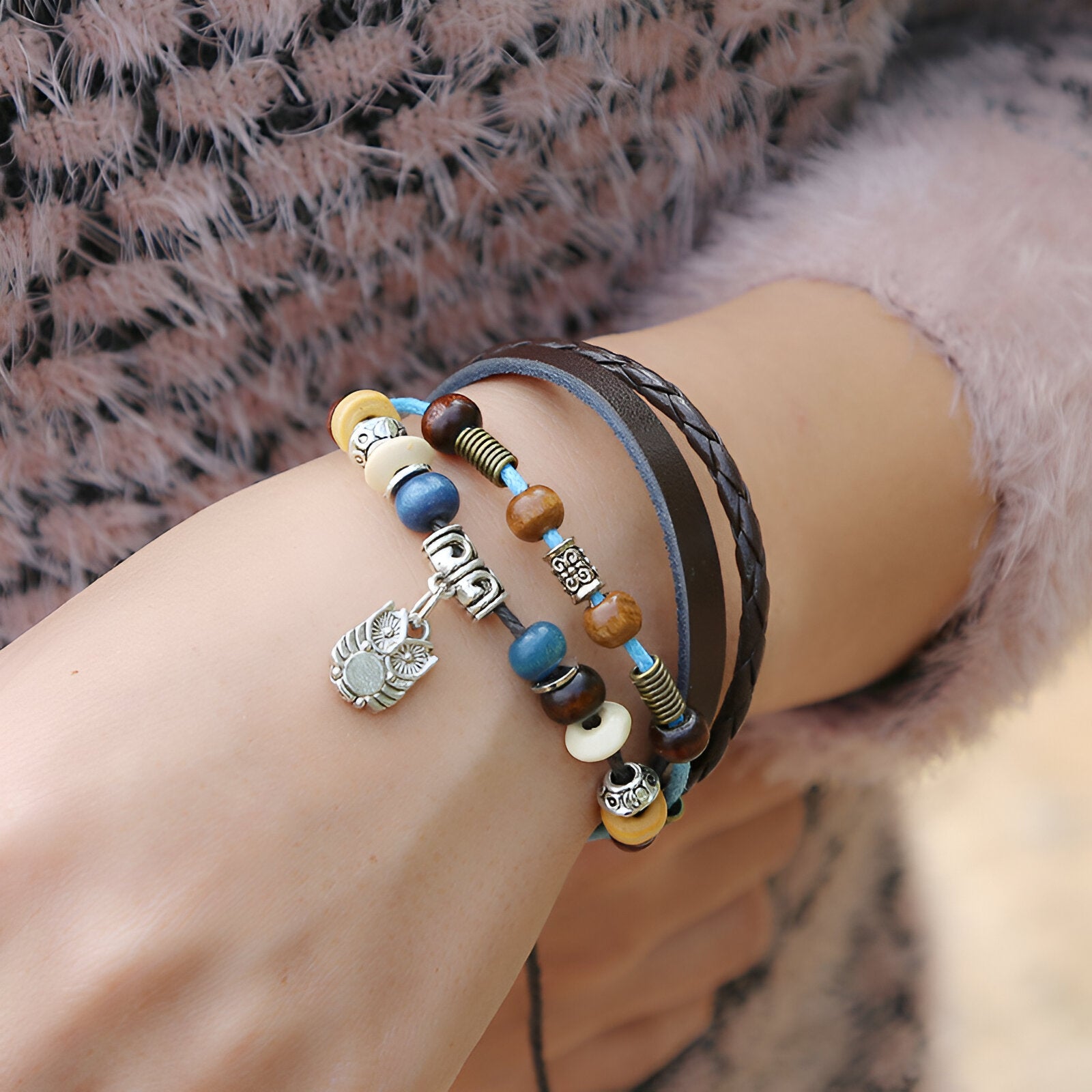 Bracelet multi-rangs en cuir, au charm hibou, mixte, modèle Flaco - La Boutique du Bracelet