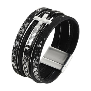 Bracelet multi rangs en cuir avec croix métallique, fermoir magnétique, design texturé et strass, modèle Katarine